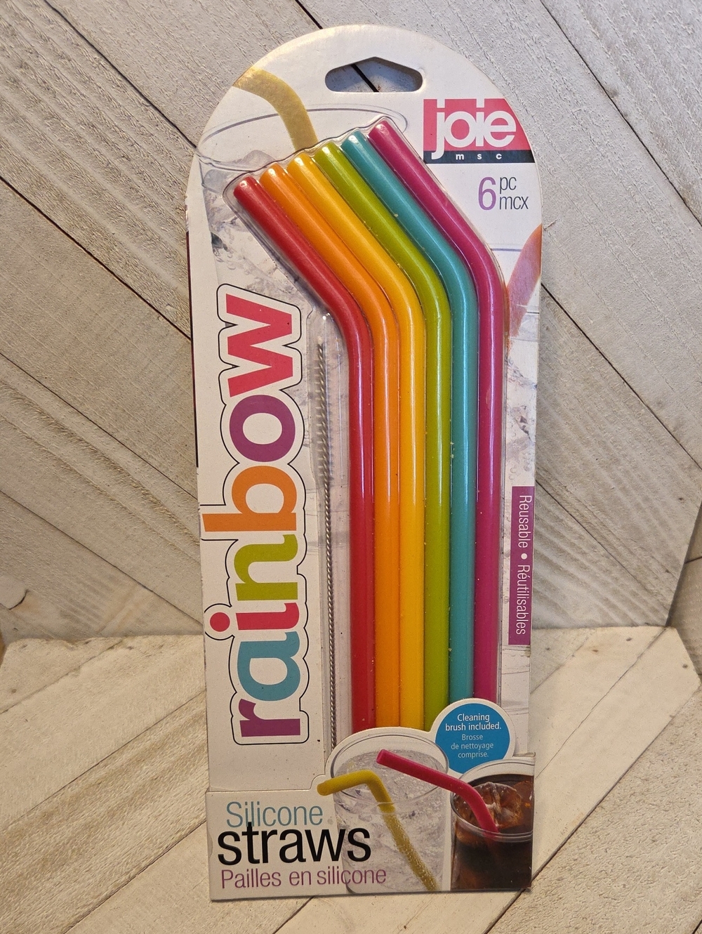 NWT 6 Piece Joie Rainbow Silicone Straws With Cleaning Brush